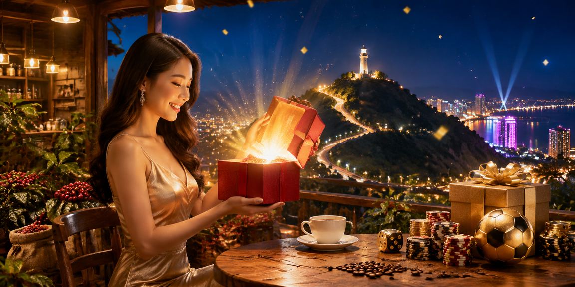 Không gian giải trí buổi tối tại Vũng Tàu với màn hình casino và cà phê thư giãn